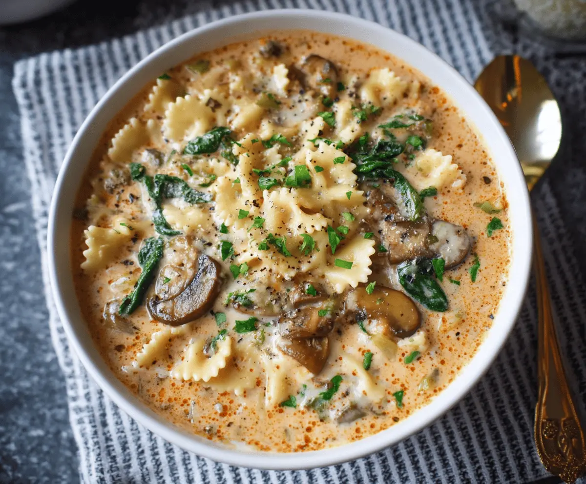 Creamy vegetarian lasagna soup with spinach, ricotta, and melted cheese served in a bowl for a hearty, comforting meal