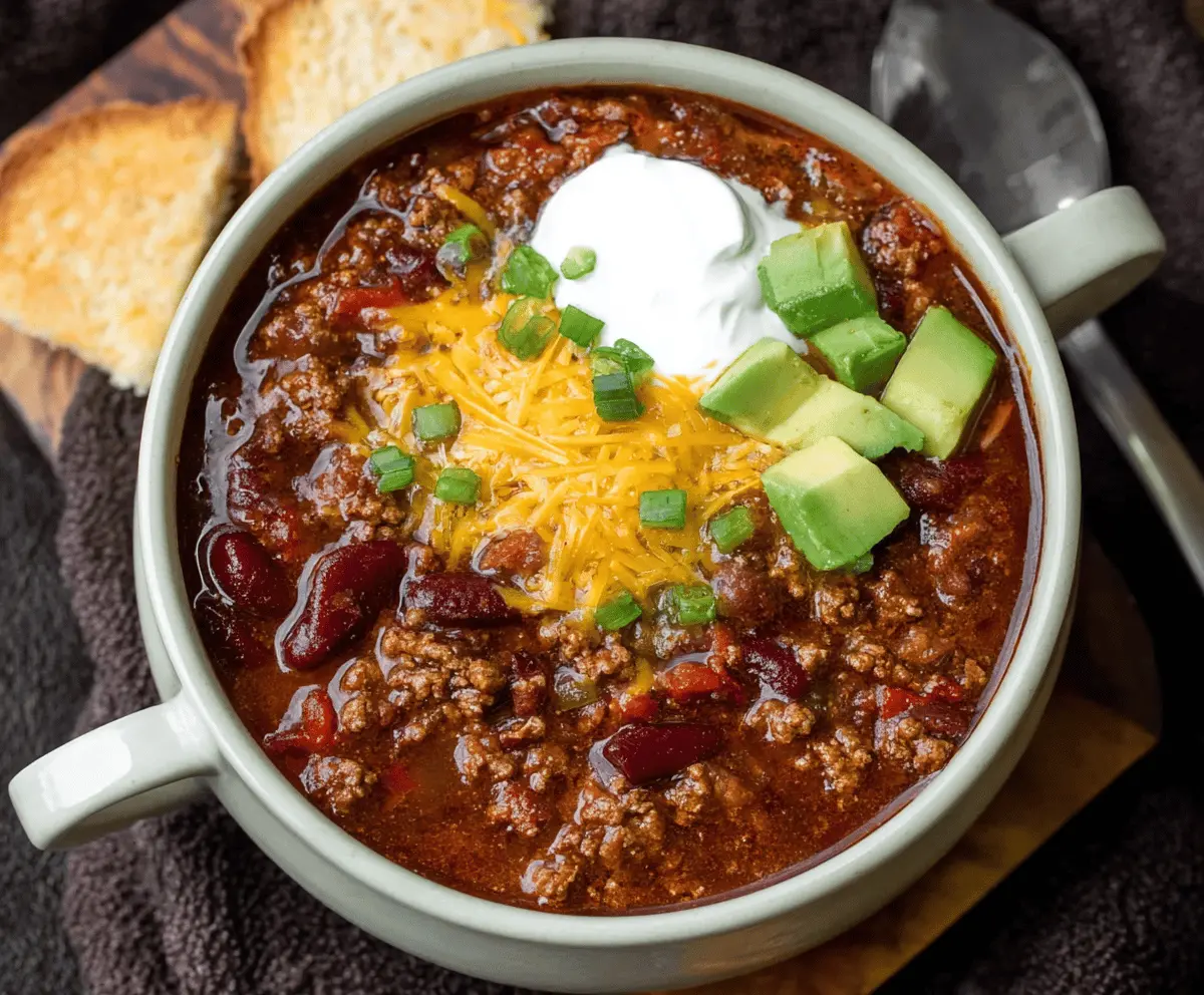 Savory bowl of hearty venison chili topped with shredded cheese and fresh herbs, served in a rustic bowl