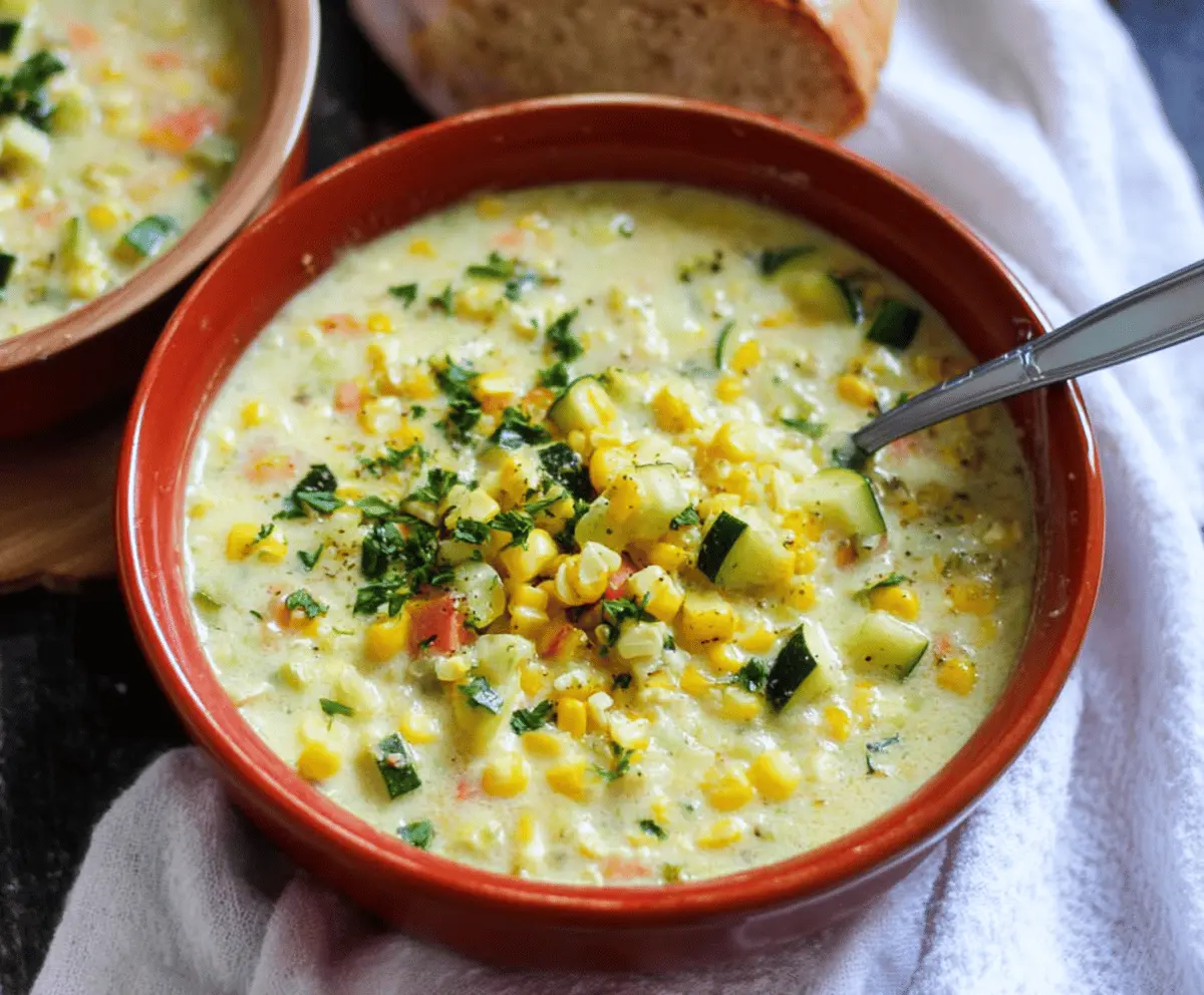 Creamy zucchini and corn chowder served in a bowl, topped with fresh herbs and served with crusty bread, perfect for a comforting and healthy meal.