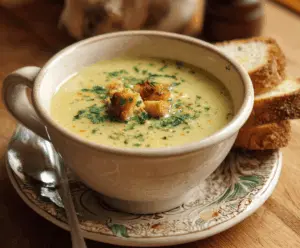 A steaming bowl of authentic Italian garlic soup garnished with fresh herbs and toasted bread slices, showcasing a delicious and comforting garlic-based appetizer.