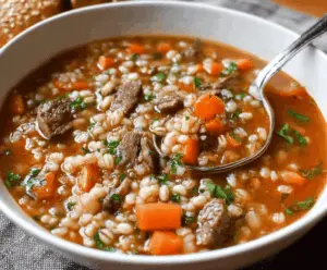 Hearty beef and barley soup in a bowl garnished with fresh herbs, served with crusty bread on a rustic wooden table.