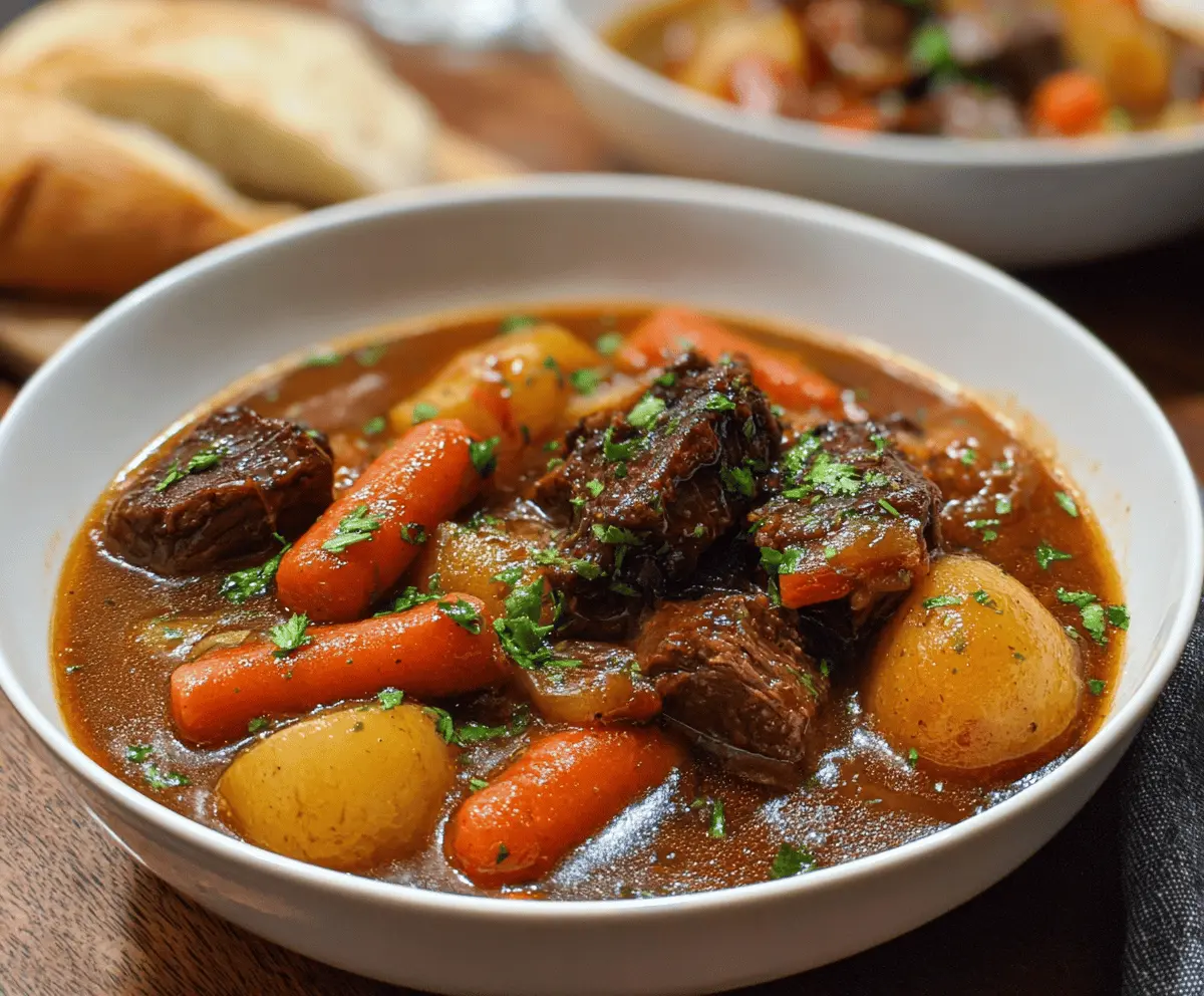 Hearty beef stew with tender carrots and potatoes served in a rustic bowl, perfect for comforting meals