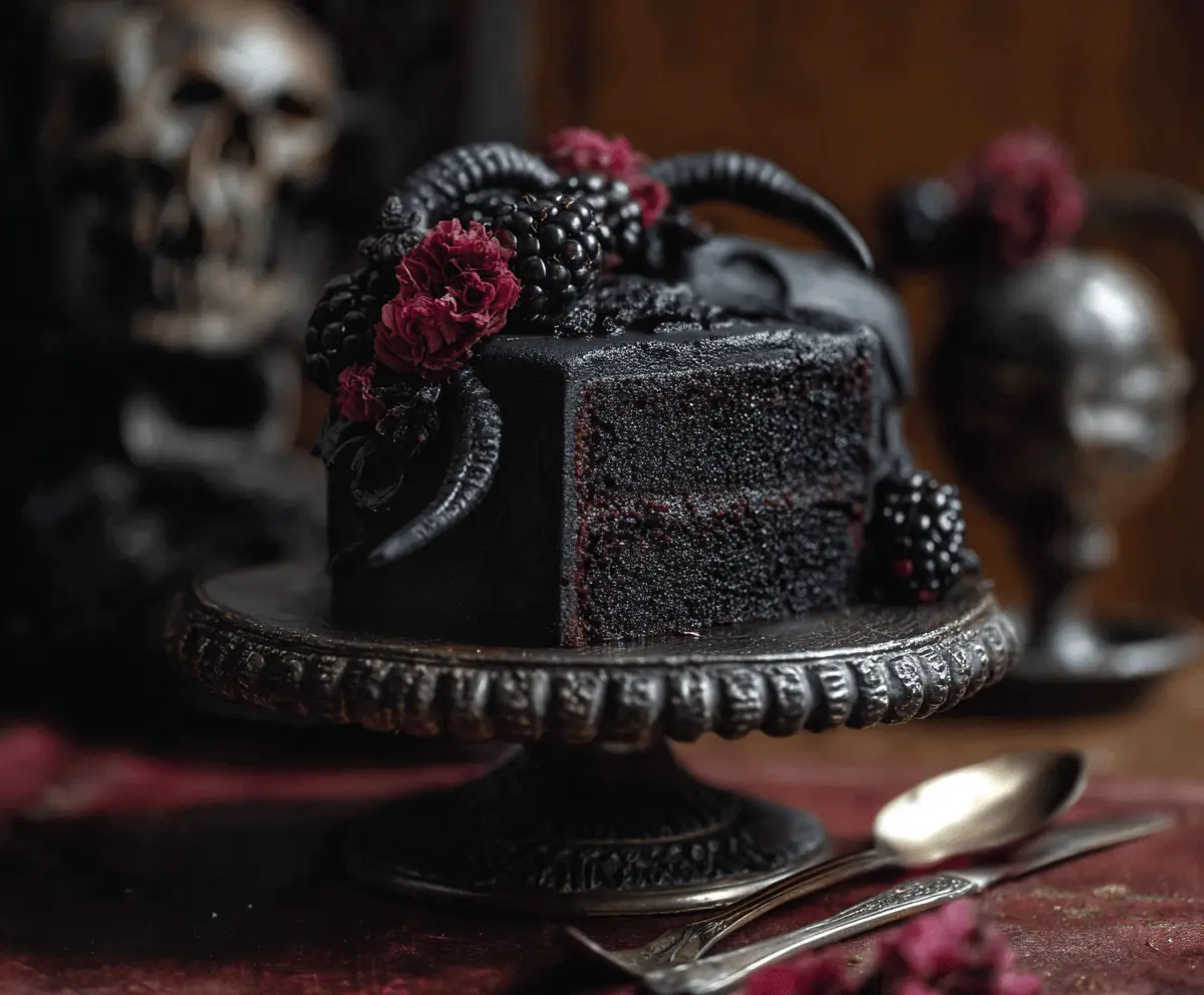 Delicious Black Velvet Halloween Cake decorated with spooky ghost and pumpkin toppers for a festive fall celebration.