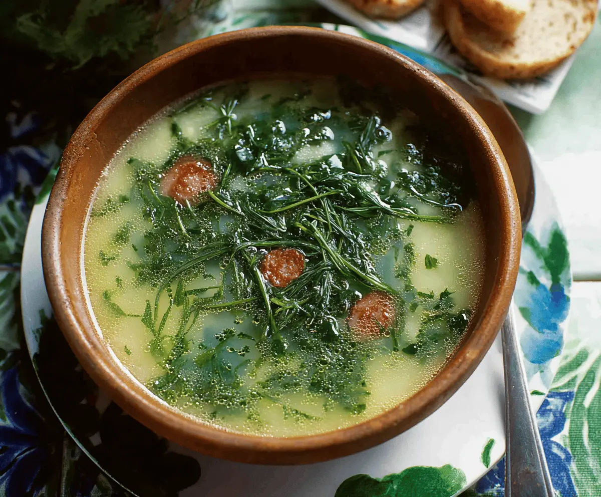 A steaming bowl of Caldo Verde soup with sliced chorizo, potatoes, kale, and crusty bread on a rustic wooden table.