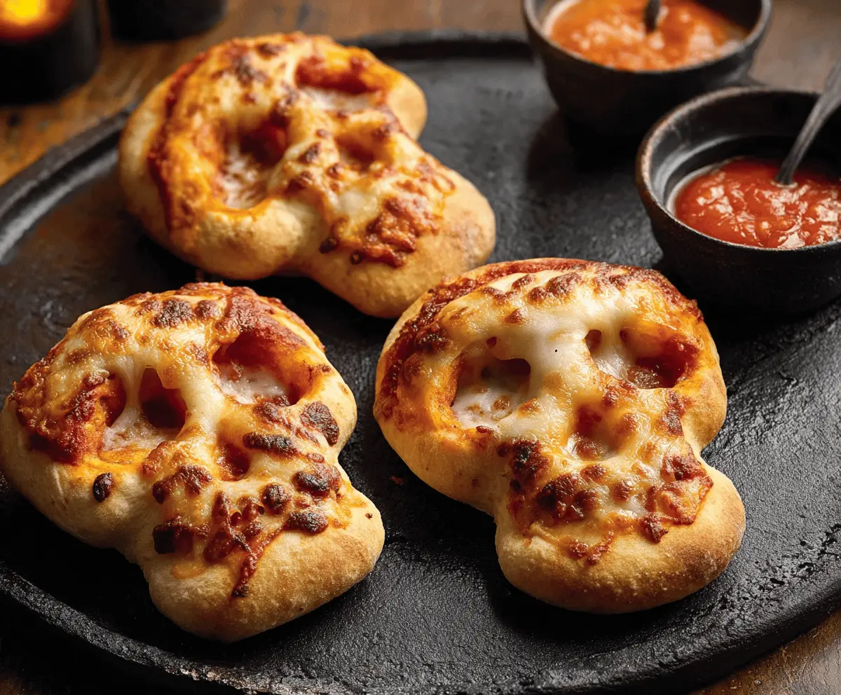 Delicious cheesy Halloween pizza skulls with melted cheese and spooky designs on a wooden platter.