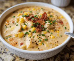 Creamy chicken corn chowder served in a bowl with fresh herbs, highlighting hearty chunks of chicken and sweet corn kernels.