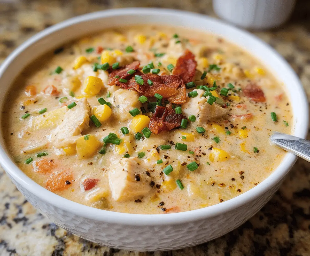 Creamy chicken corn chowder served in a bowl with fresh herbs, highlighting hearty chunks of chicken and sweet corn kernels.