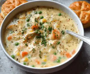 Creamy Chicken Pot Pie Soup topped with golden-brown pastry crust and fresh herbs, served in a bowl for a comforting and hearty meal.