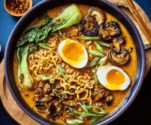 A steaming bowl of curry ramen soup topped with sliced green onions and soft-boiled eggs, showcasing a flavorful Asian noodle dish with rich curry broth.