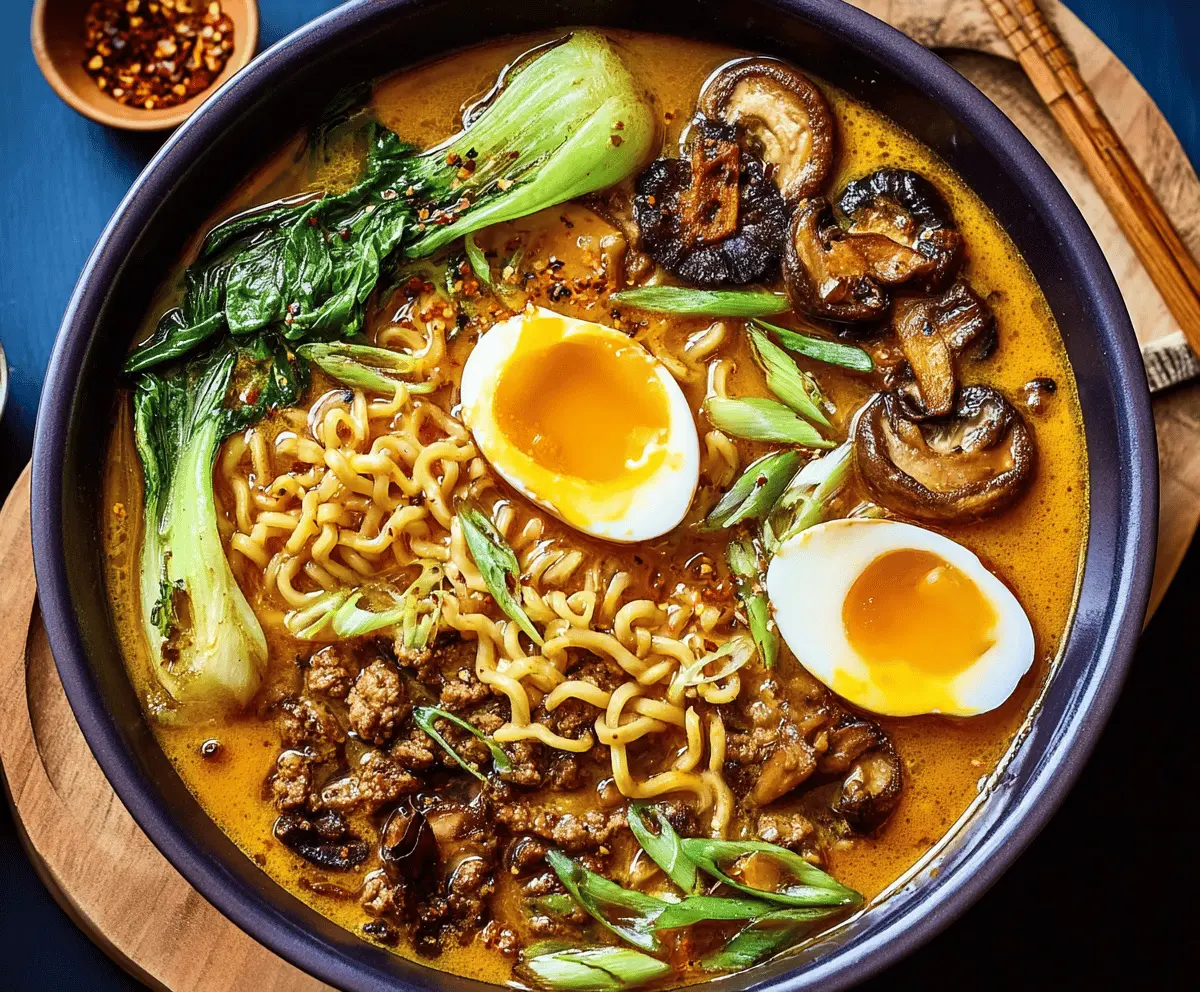 A steaming bowl of curry ramen soup topped with sliced green onions and soft-boiled eggs, showcasing a flavorful Asian noodle dish with rich curry broth.