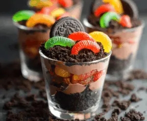 Delicious dirt cups dessert topped with gummy worms, perfect for kids' parties and fun snacks