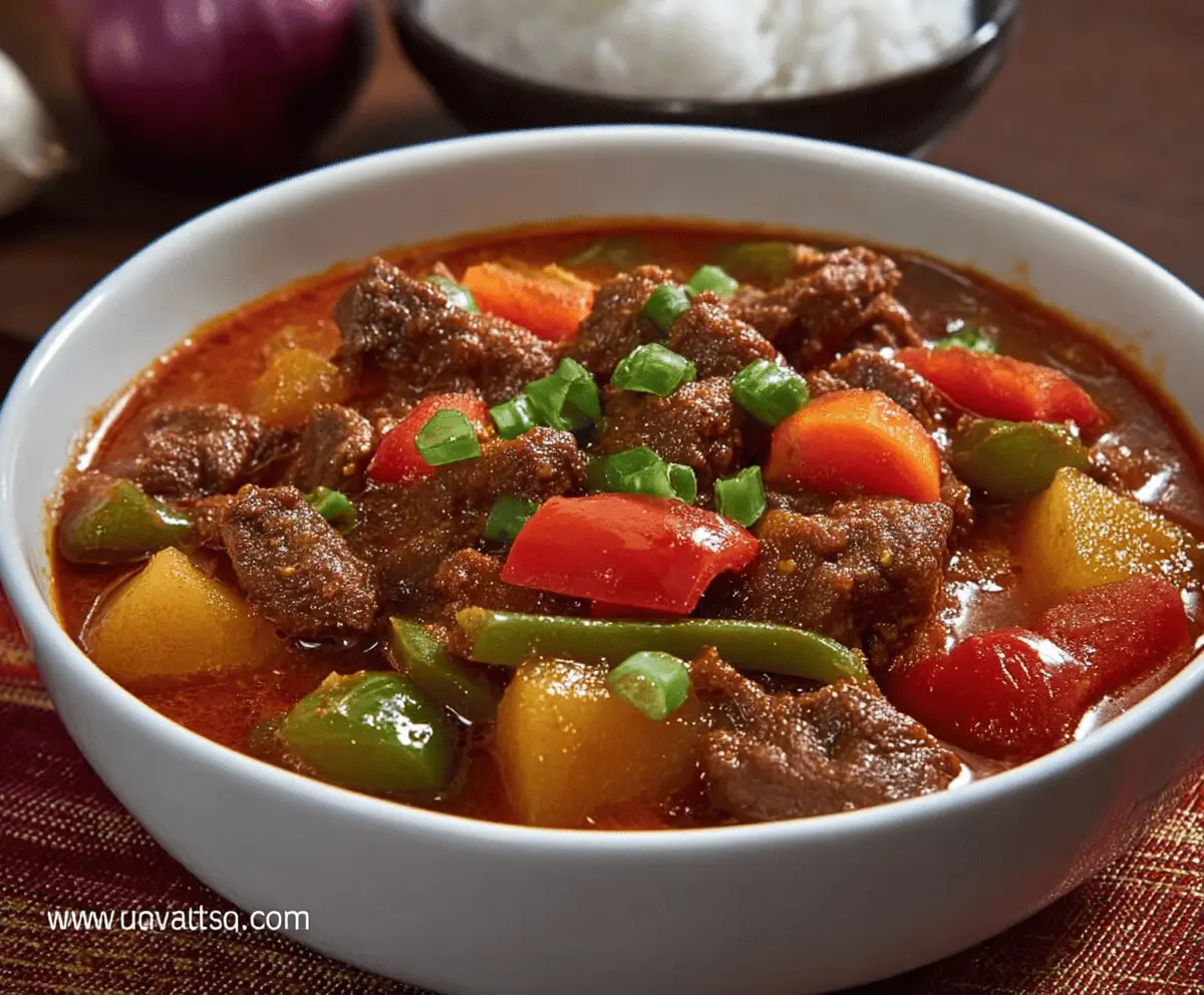 Delicious Filipino Beef Caldereta served with rice, featuring tender beef chunks, savory sauce, vegetables, and garnished with cheese and olives