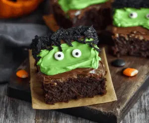 Delicious Frankenstein Brownies decorated with green icing, spooky eyeballs, and candy accessories for a fun Halloween treat