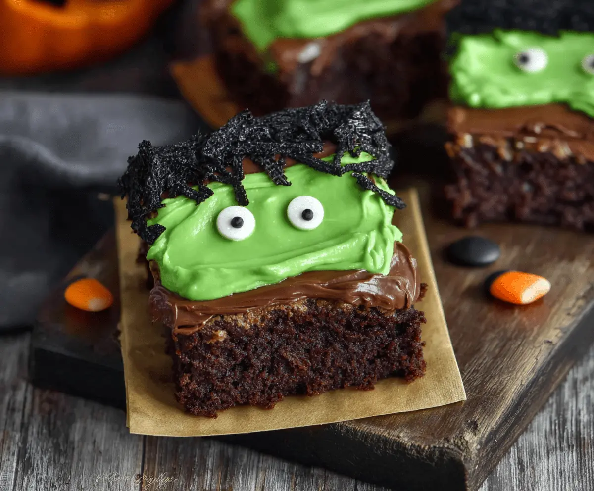 Delicious Frankenstein Brownies decorated with green icing, spooky eyeballs, and candy accessories for a fun Halloween treat