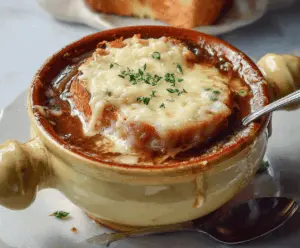 A steaming bowl of classic French Onion Soup topped with melted cheese and toasted bread, served in a rustic bowl garnished with fresh herbs.
