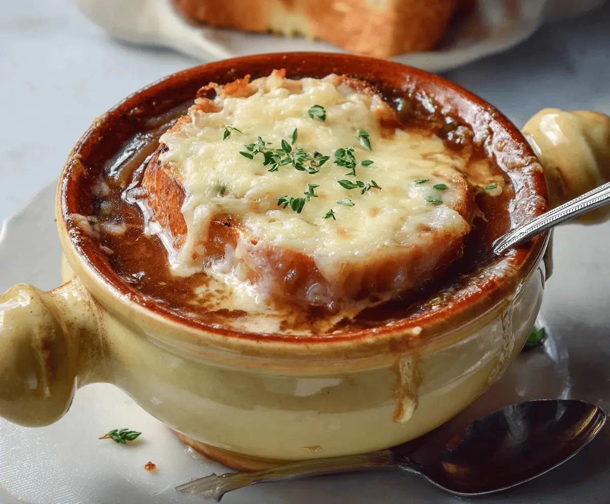 A steaming bowl of classic French Onion Soup topped with melted cheese and toasted bread, served in a rustic bowl garnished with fresh herbs.