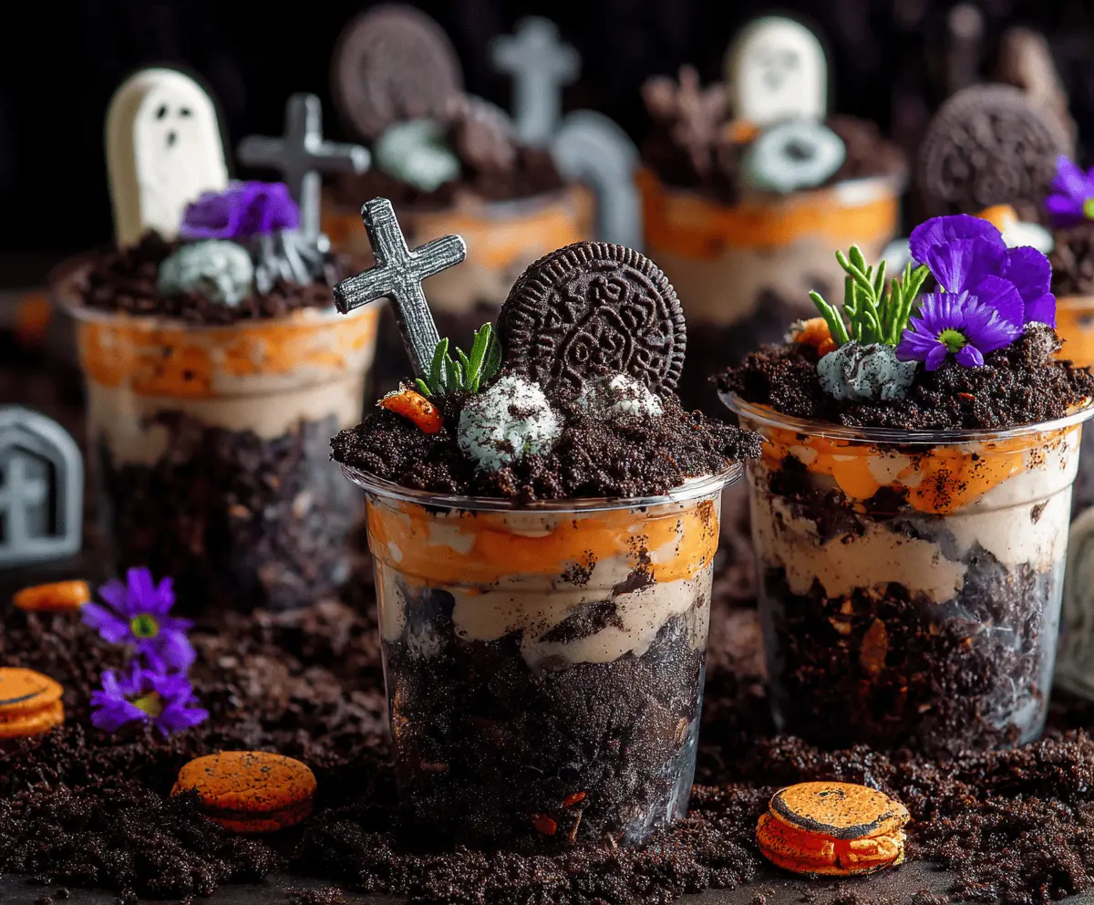 A spooky Halloween dessert featuring chocolate pudding layered with crushed cookies to resemble dirt, topped with gummy worms and tombstone-shaped cookies for Graveyard Dirt Cups.