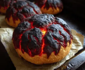 Spooky Halloween Brimstone Bread with fiery red and orange swirls, perfect for a Halloween party centerpiece