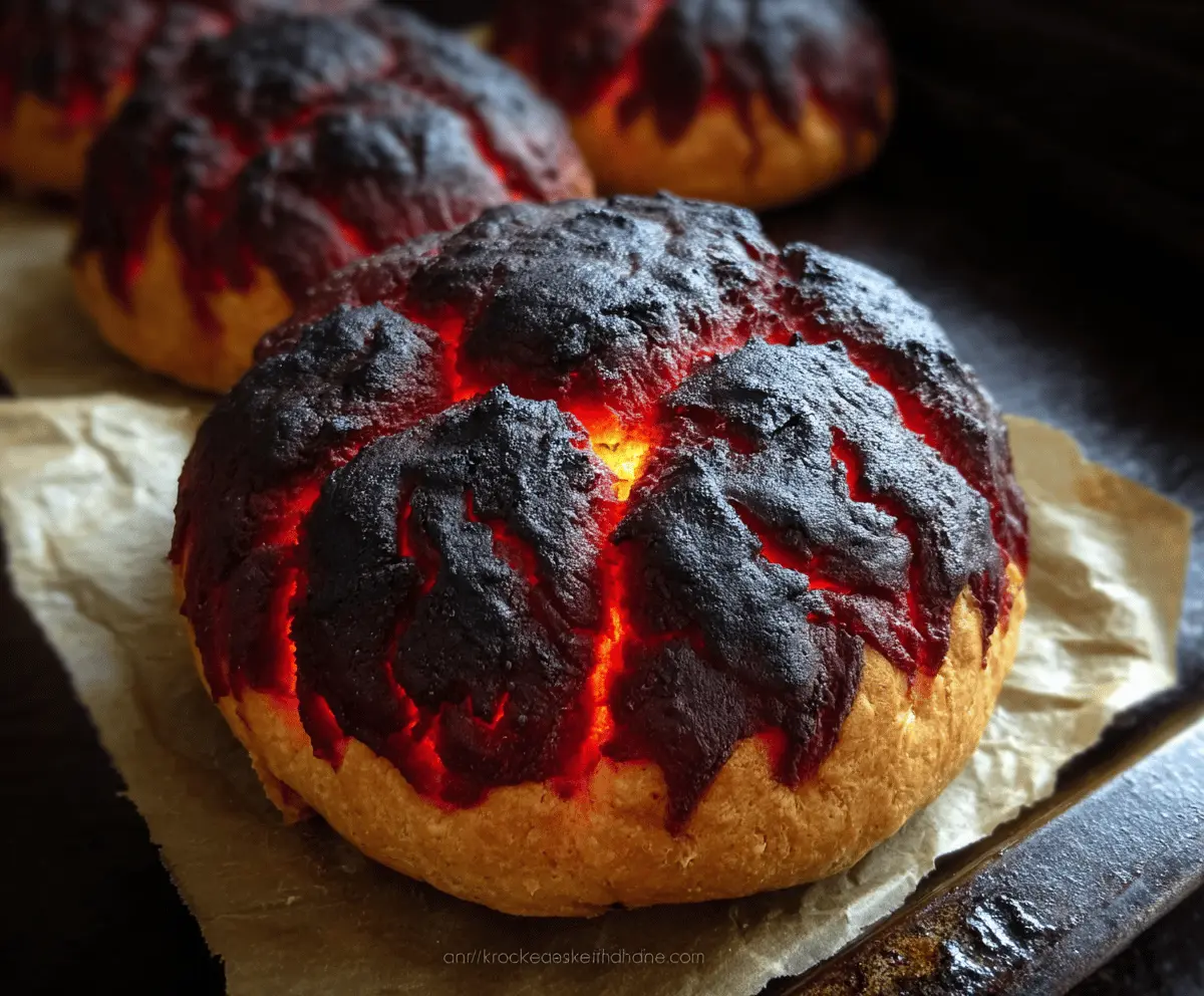 Spooky Halloween Brimstone Bread with fiery red and orange swirls, perfect for a Halloween party centerpiece
