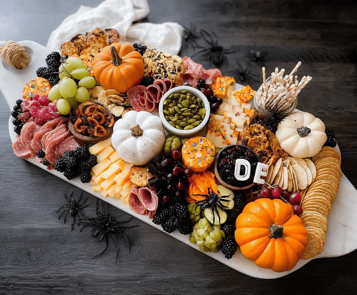 Festive Halloween charcuterie board with spooky-themed cheese, cured meats, Halloween candies, and decorative ghoulish accents for a fun party platter.