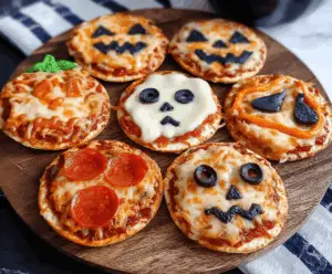 Delicious Halloween mini pizzas topped with festive cheese and toppings, perfect for a spooky party snack