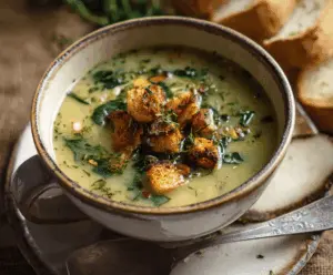 A steaming bowl of Italian Garlic Soup garnished with fresh herbs, served with rustic bread on a wooden table.