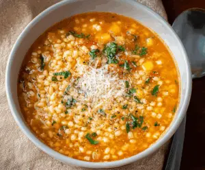 A bowl of warm Italian Pastina Soup with tiny pasta, vegetables, and herbs, served in a white ceramic bowl on a rustic wooden table.