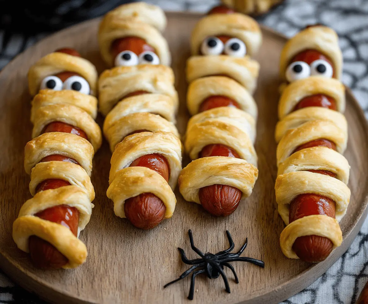 Cute Mummy Hot Dogs wrapped in crescent roll dough with spooky edible eyes, perfect for Halloween parties