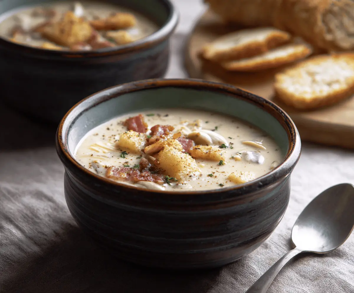 Creamy New England Clam Chowder served in a bowl with fresh herbs and oyster crackers, showcasing a hearty seafood soup with potatoes and tender clams.