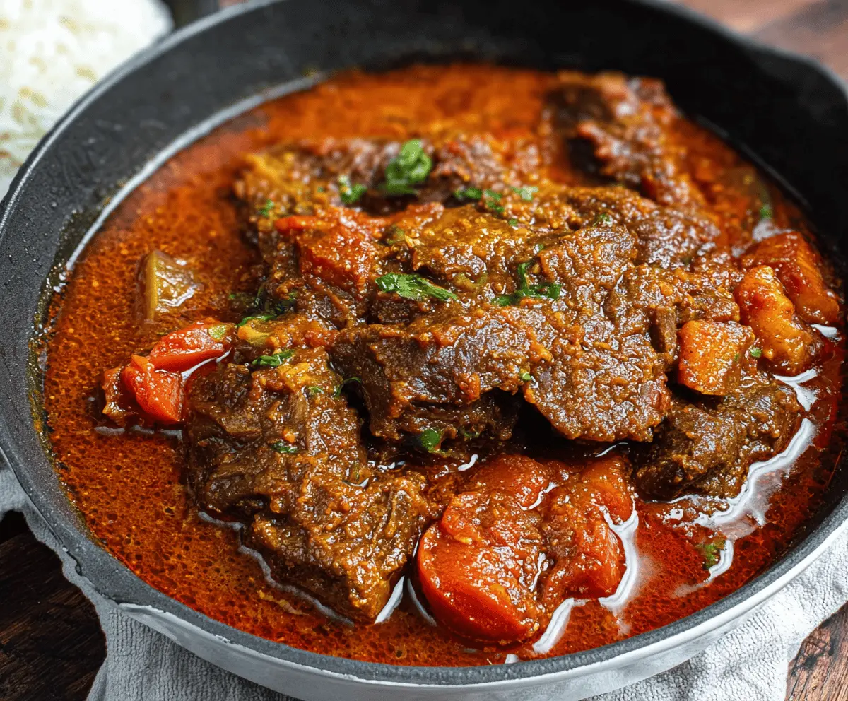Delicious Nigerian Beef Stew with tender beef chunks, rich tomato sauce, and colorful vegetables served in a traditional bowl