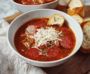 Creamy pepperoni pizza soup with melted cheese, crispy pepperoni slices, and fresh herbs in a bowl, perfect for comfort food lovers.