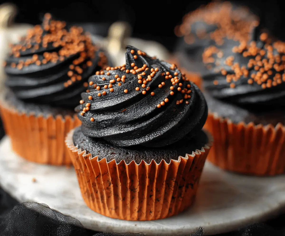 Delicious Pumpkin Black Velvet Cupcakes topped with creamy frosting and festive decorations, perfect for fall celebrations.