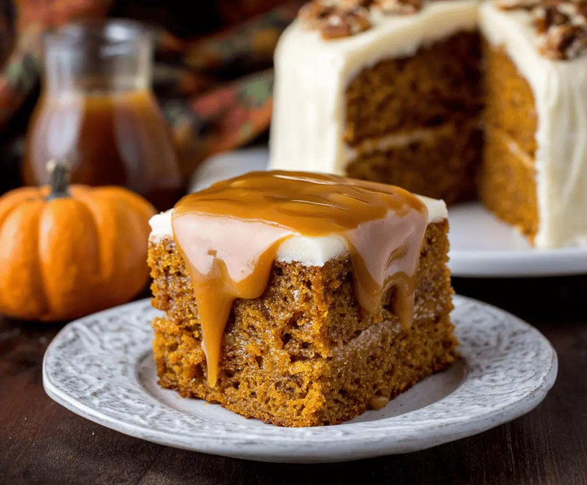 Delicious homemade pumpkin cake topped with creamy caramel cream cheese frosting, perfect for fall desserts