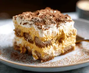 Delicious Pumpkin Chai Tiramisu layered dessert with whipped cream, pumpkin puree, and chai spices on a decorative plate