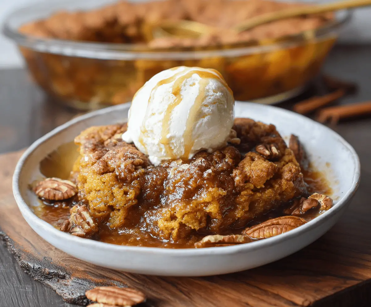 Delicious homemade pumpkin cobbler topped with golden crust, served warm with a scoop of vanilla ice cream on a rustic plate