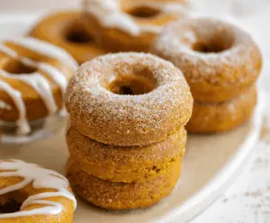 Fresh homemade pumpkin donuts with cinnamon glaze on a rustic wooden table, perfect for fall desserts.