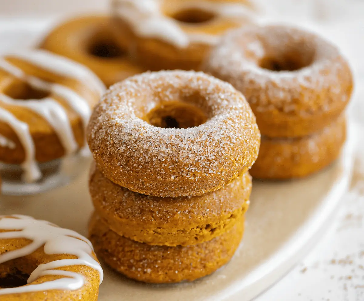 Fresh homemade pumpkin donuts with cinnamon glaze on a rustic wooden table, perfect for fall desserts.
