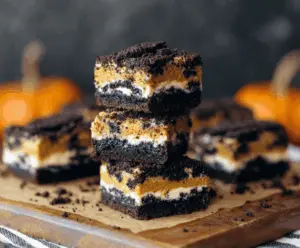 Delicious Pumpkin Oreo Cheesecake Bars with creamy pumpkin filling and crushed Oreo crust, topped with whipped cream and chocolate drizzle on a serving plate.