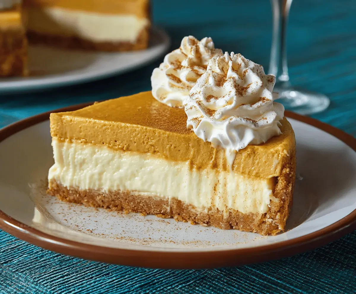 Creamy pumpkin pie cheesecake topped with whipped cream and a cinnamon graham cracker crust, perfect for fall desserts.