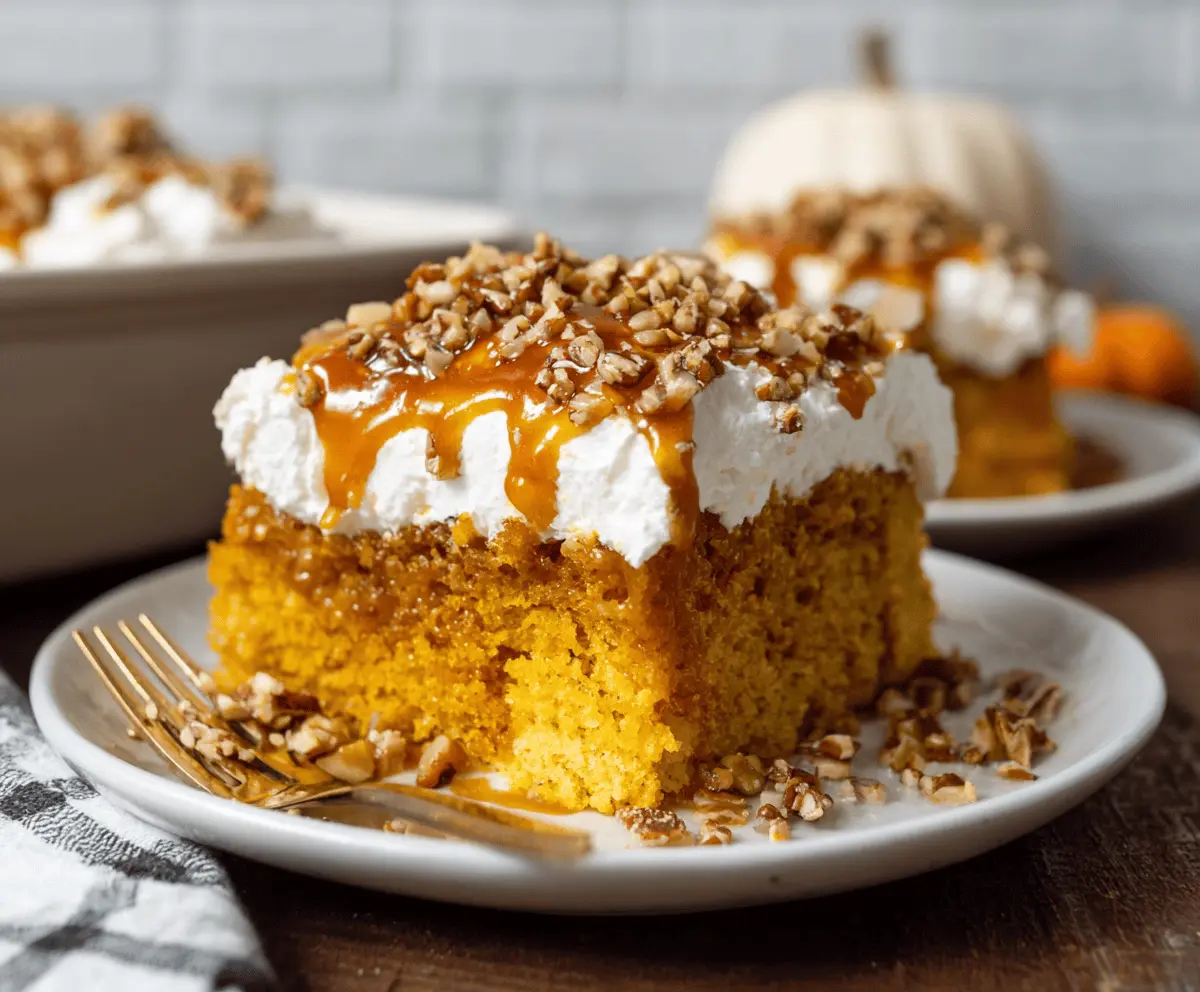 Delicious Pumpkin Poke Cake topped with whipped cream and cinnamon, perfect for fall desserts.