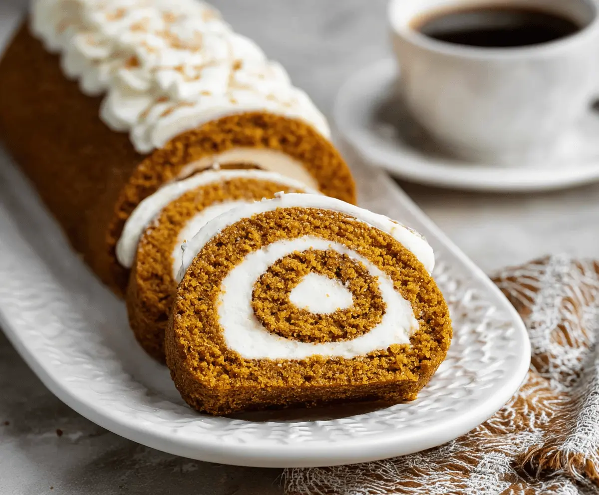 Delicious homemade pumpkin roll cake with cream cheese filling, topped with powdered sugar and festive autumn decorations.