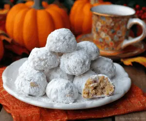 Delicious Pumpkin Snowball Cookies with powdered sugar, festive fall dessert, homemade holiday treat, golden-brown cookies coated in powdered sugar