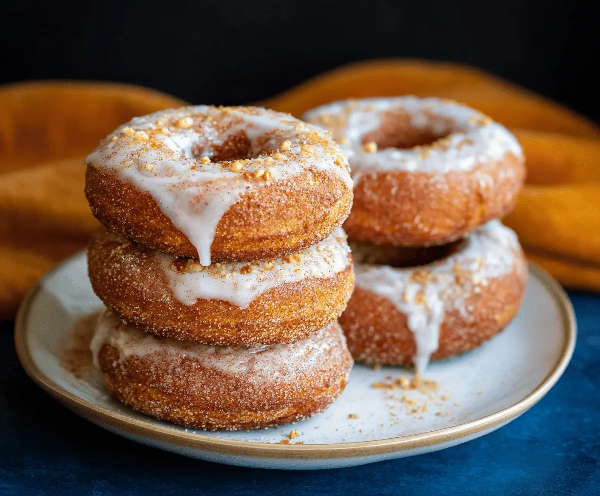 Freshly baked pumpkin spice donuts topped with cinnamon and glaze, perfect for fall treats