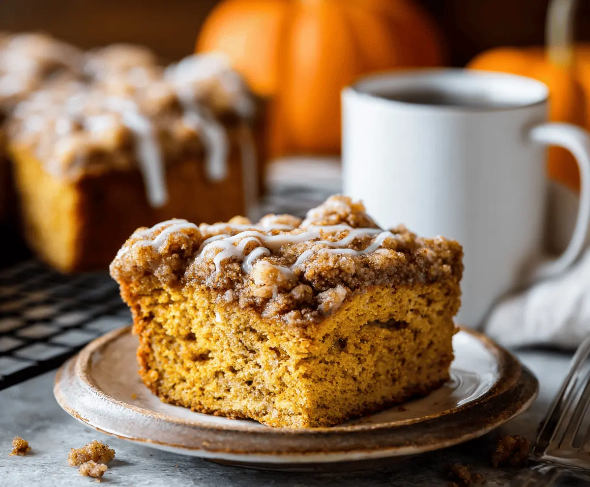 Delicious Pumpkin Streusel Coffee Cake topped with crumbly streusel and a drizzle of glaze, served on a plate with a cup of coffee