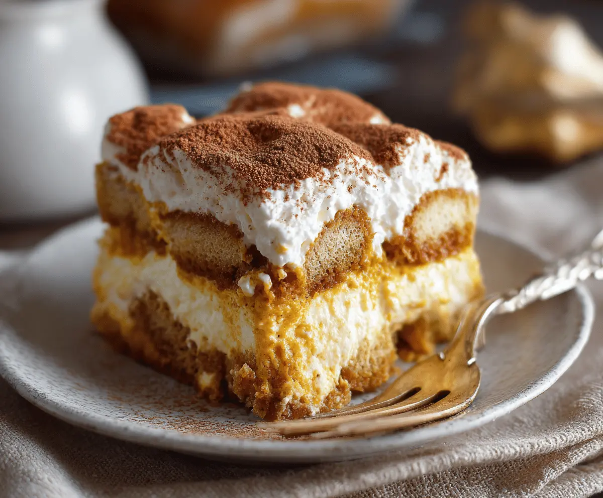 Creamy pumpkin tiramisu with cocoa powder and whipped cream in a glass serving dish, perfect for fall dessert cravings.