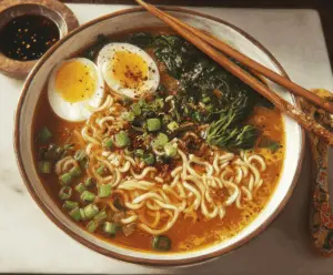 A steaming bowl of ramen noodle soup topped with sliced pork, soft boiled eggs, green onions, and nori on a wooden table.