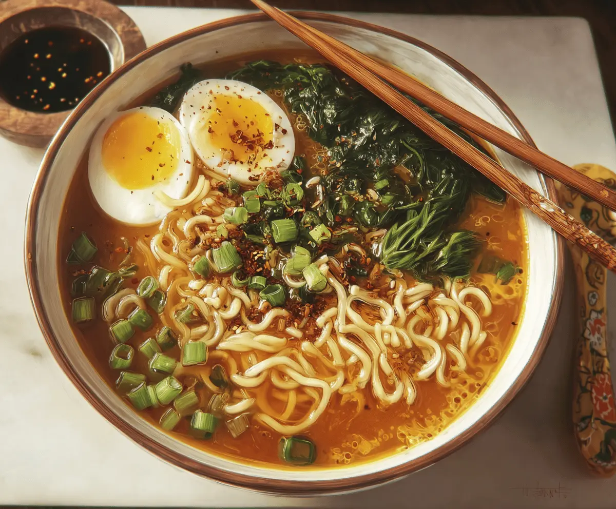 A steaming bowl of ramen noodle soup topped with sliced pork, soft boiled eggs, green onions, and nori on a wooden table.