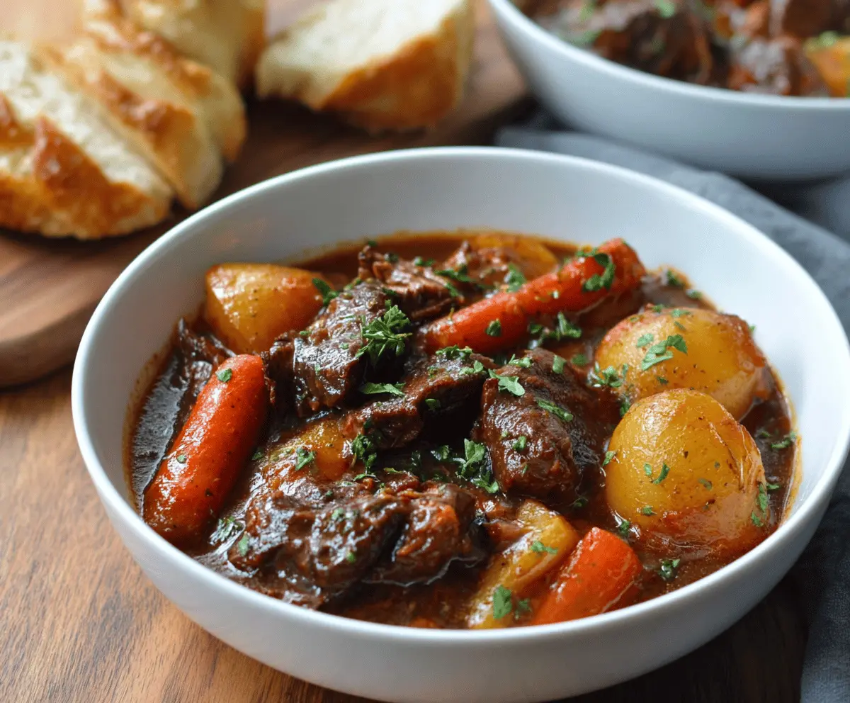 Hearty red wine beef stew with tender carrots, potatoes, and herbs in a rustic bowl.