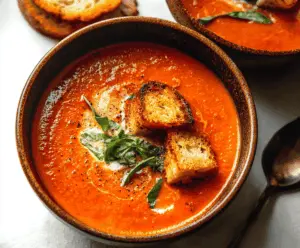 Creamy roasted tomato soup served in a bowl with fresh basil leaves and a drizzle of olive oil, perfect for a cozy meal.