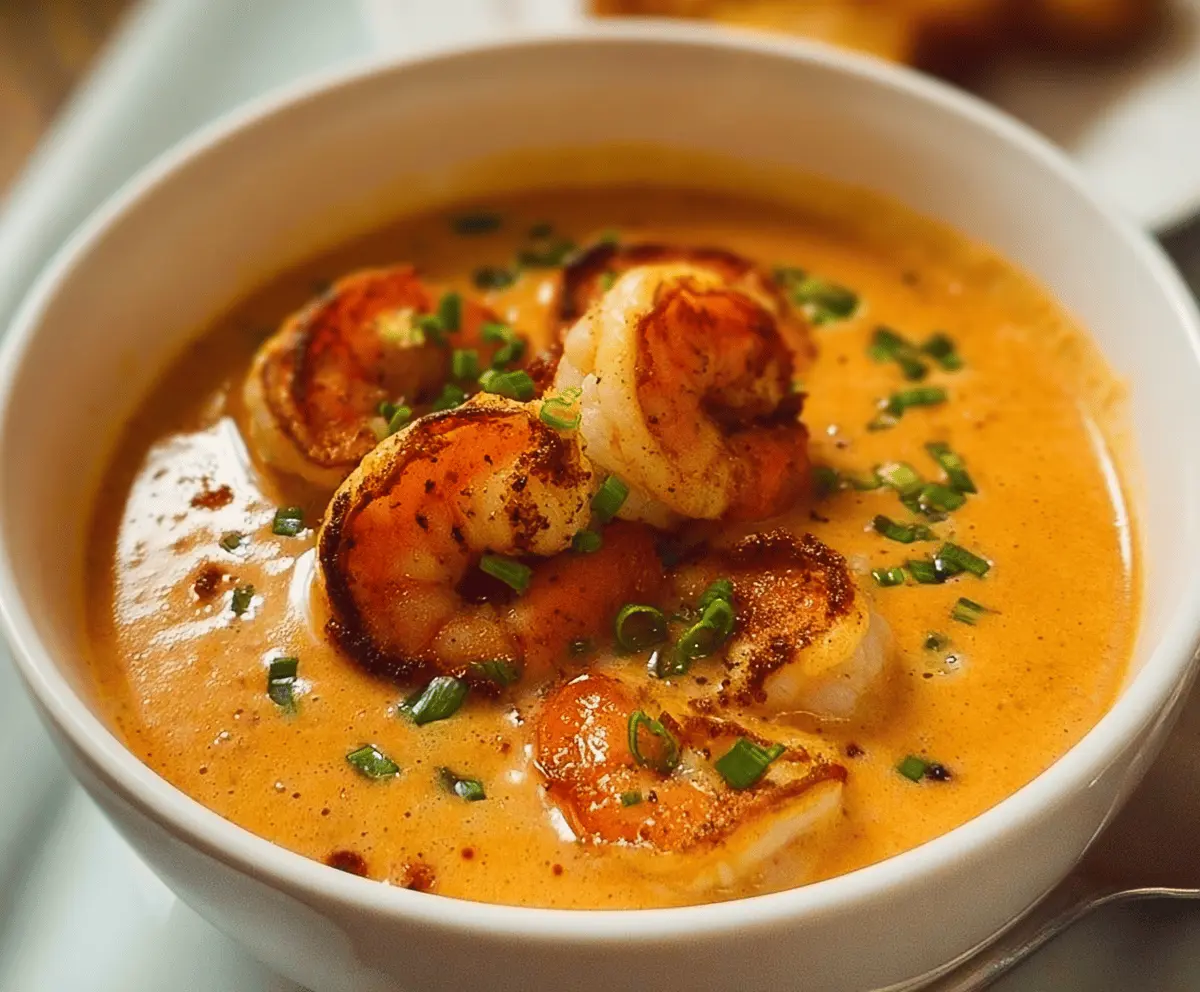 Creamy shrimp bisque garnished with fresh herbs in a white bowl, served with crusty bread on a rustic wooden table.